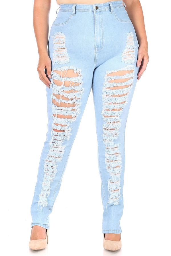 High Waisted Super Distressed Plus Size Skinny Jeans - Light Denim